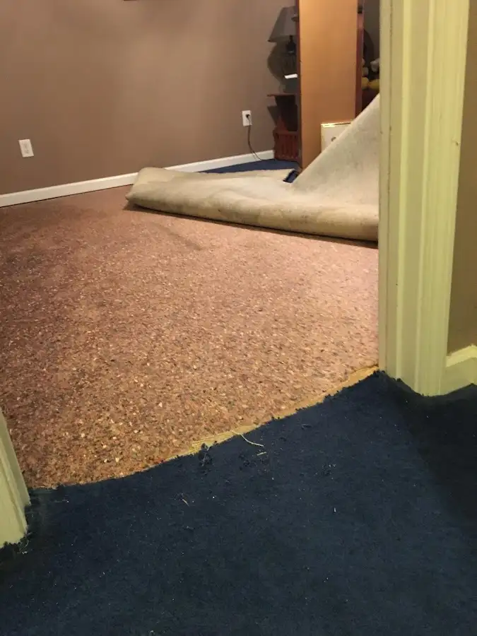 Carpet pad removal revealing water damage during Drying & Dehumidification in Oskaloosa